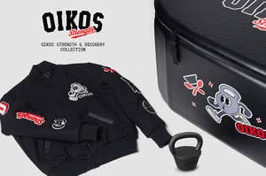 Oikos Strength & Recovery Collection athletic gear with logos including a jacket, kettlebell, and cooler