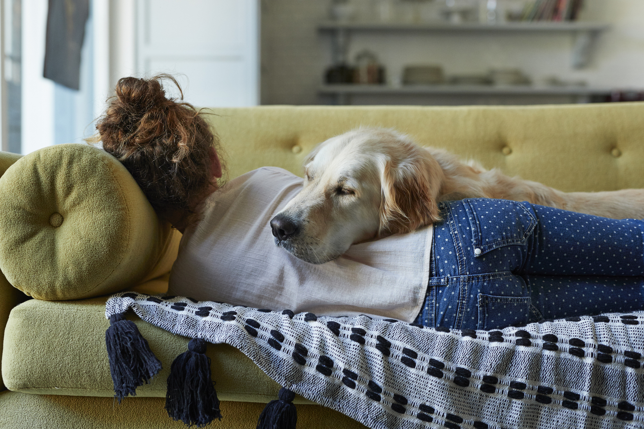 Person resting on couch with a golden retriever lying on top. They are covered by a blanket with a tasseled edge
