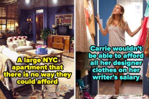 Two split images: Left shows a spacious NYC apartment from a TV show. Right features character Carrie Bradshaw in her closet