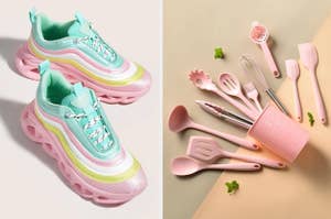 Two images: Left shows trendy sneakers, right displays a set of pink kitchen utensils