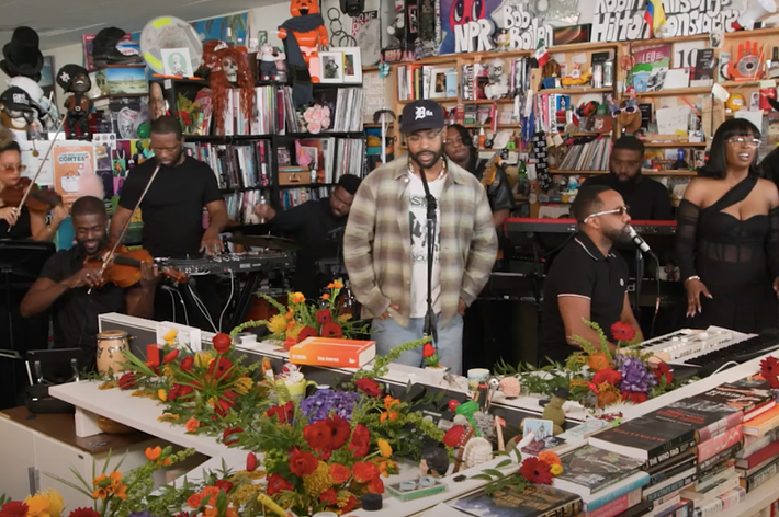 Musicians performing in a record store with instruments, surrounded by vibrant flowers and shelves of records