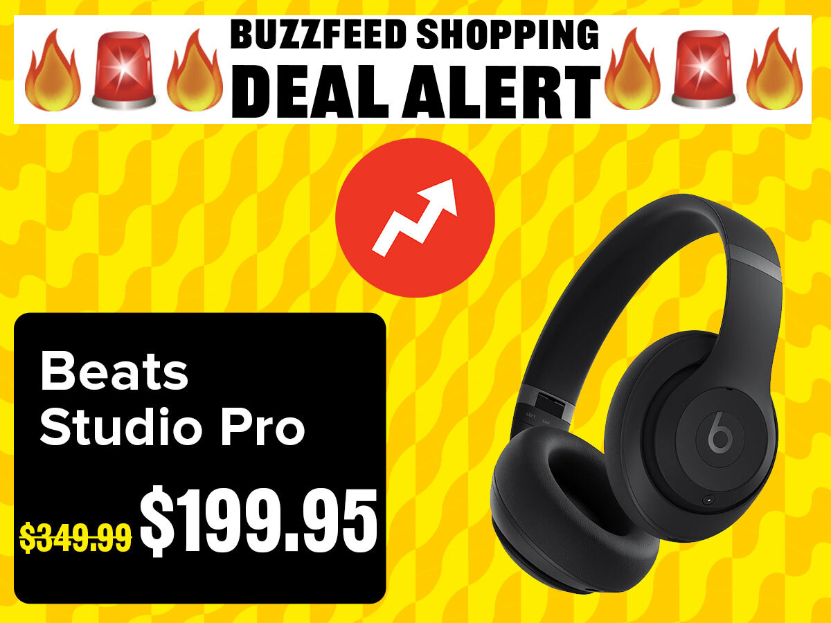 BuzzFeed Shopping Deal Alert for Beats Studio Pro headphones discounted from $349.99 to $199.95 with expressive fire emojis