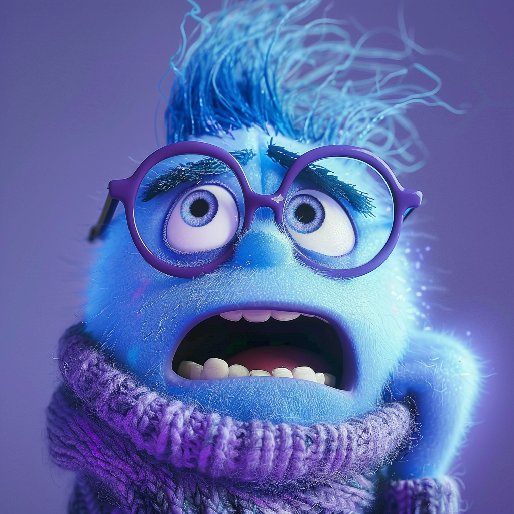 Animated character with blue skin, purple glasses, and hair, looking surprised