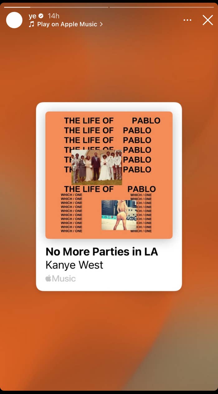 Promotional image for Kanye West&#x27;s album &quot;The Life of Pablo&quot; featuring song list and play button