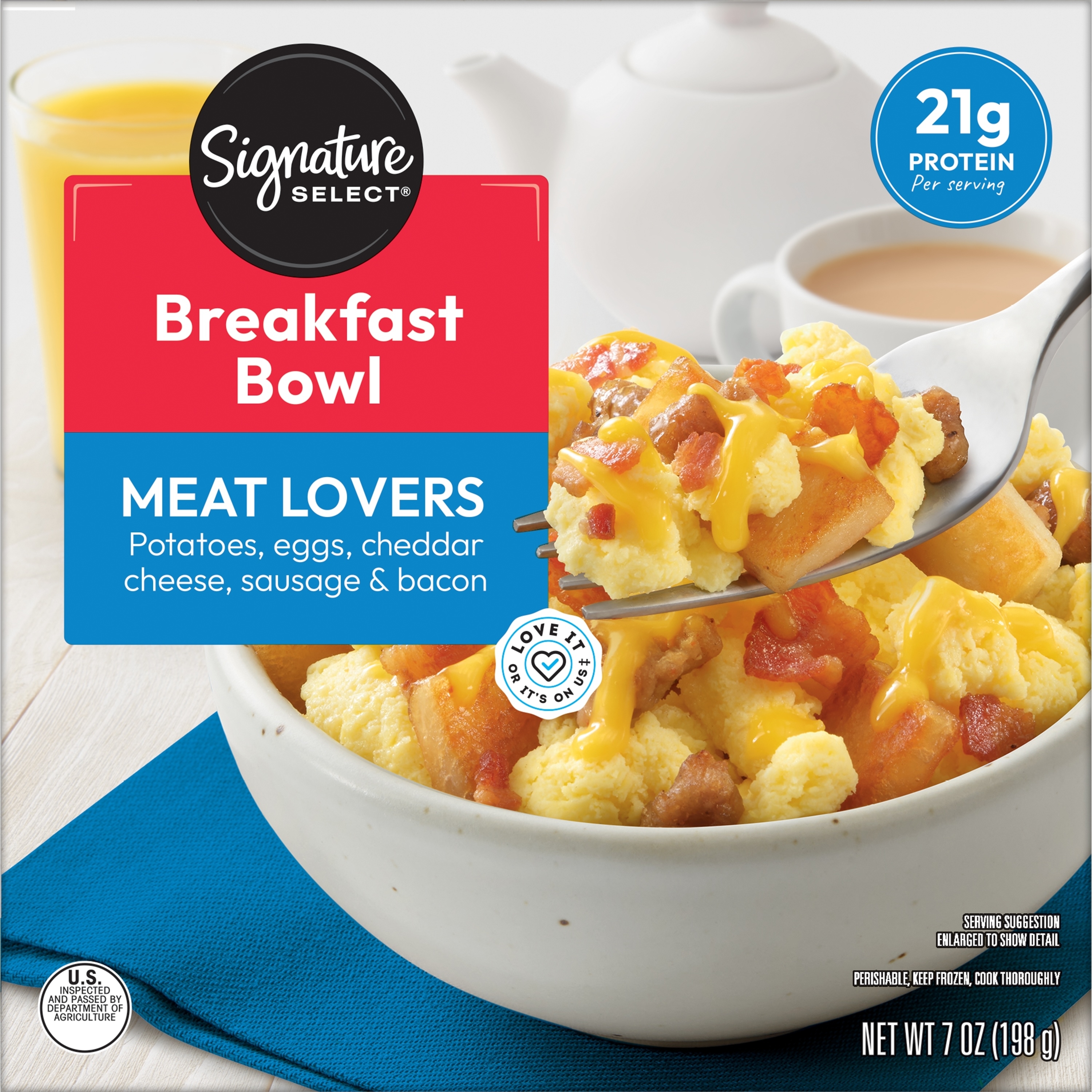 Advertisement for Signature Select Breakfast Bowl with potatoes, eggs, cheese, sausage, bacon, and 21g protein