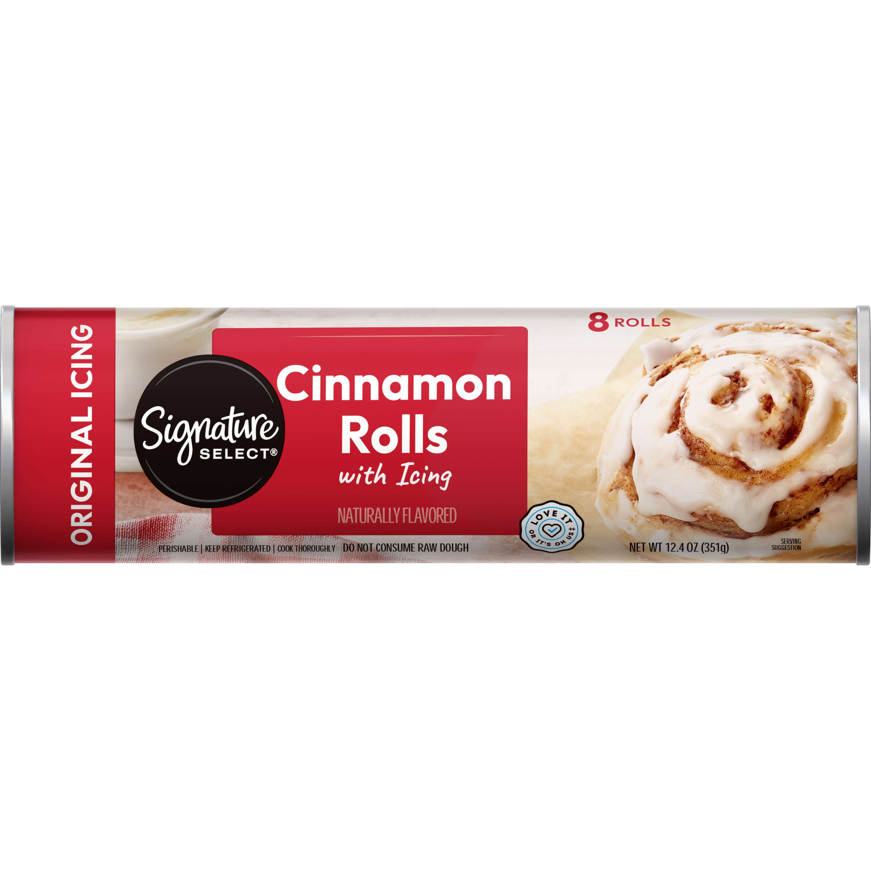 Packaging of Signature Select Cinnamon Rolls with icing, displaying 8 rolls and a Quality Assurance seal