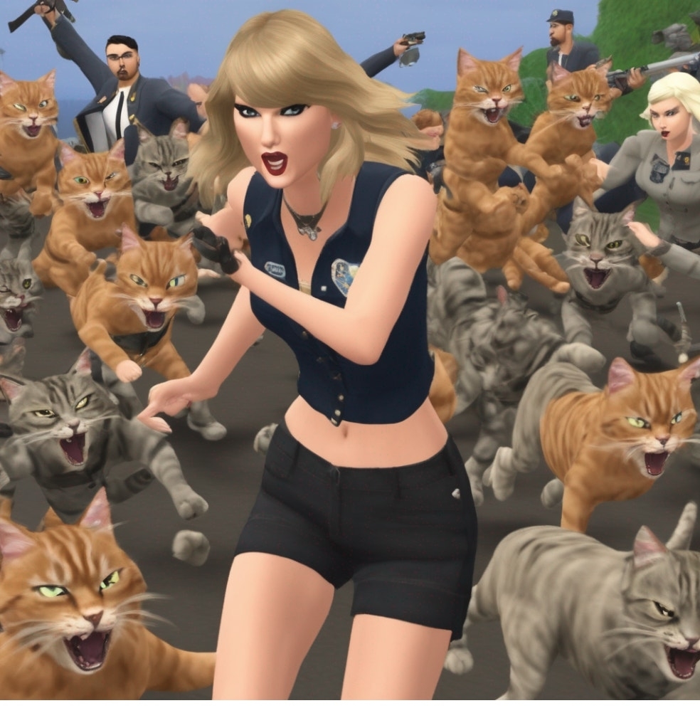 Animated woman with black outfit running followed by multiple cats in a game