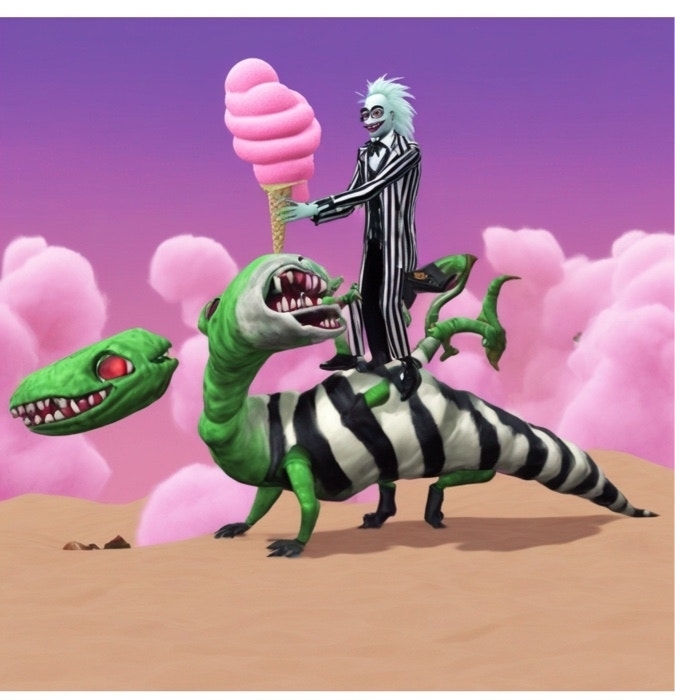 Illustration of Beetlejuice character holding an oversized ice cream atop two cartoonish dinosaurs