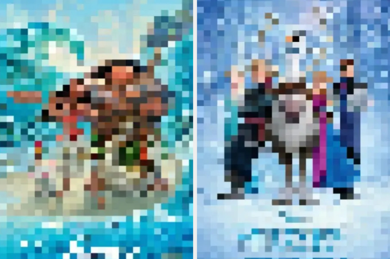 Two pixelated images, the left possibly depicting an animal and the right a group scene. Specific details are indiscernible
