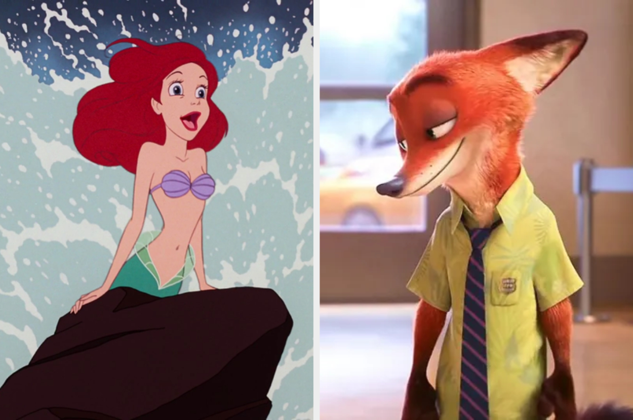 Ariel from The Little Mermaid on a rock next to Nick Wilde from Zootopia in a shirt and tie