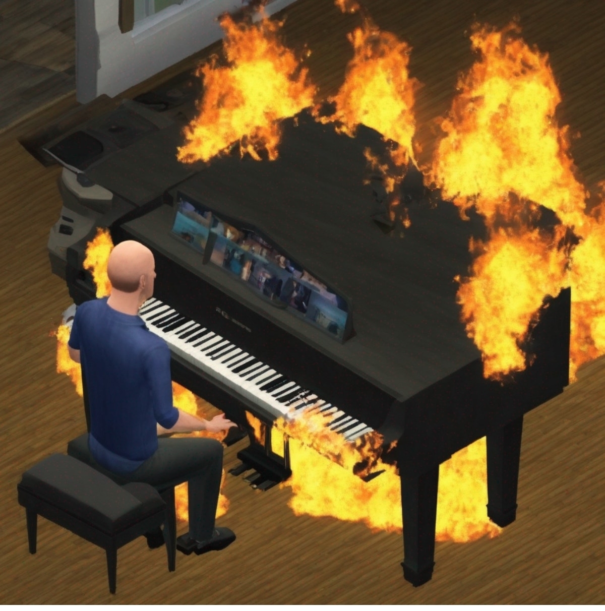A digital image of a character calmly playing piano surrounded by flames in a simulated environment