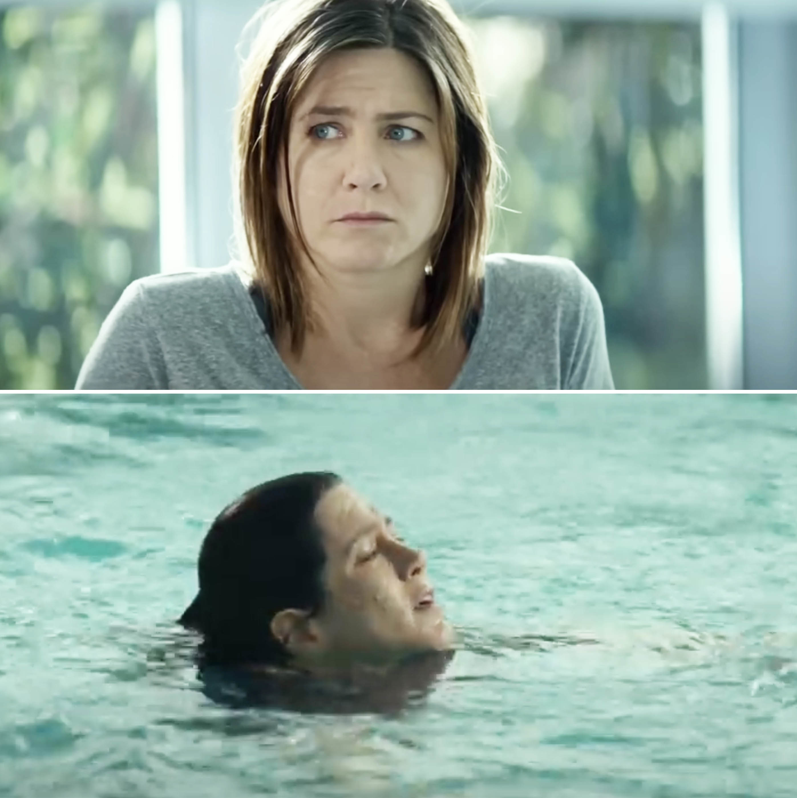 Jennifer Aniston with a concerned expression; bottom shows her character swimming