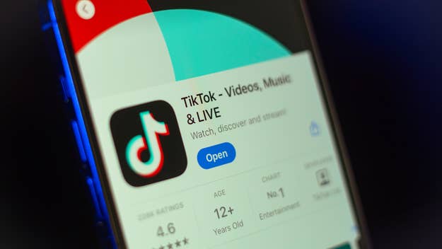 Smartphone screen displaying TikTok app with "Open" button, icon, and app details like rating and age category