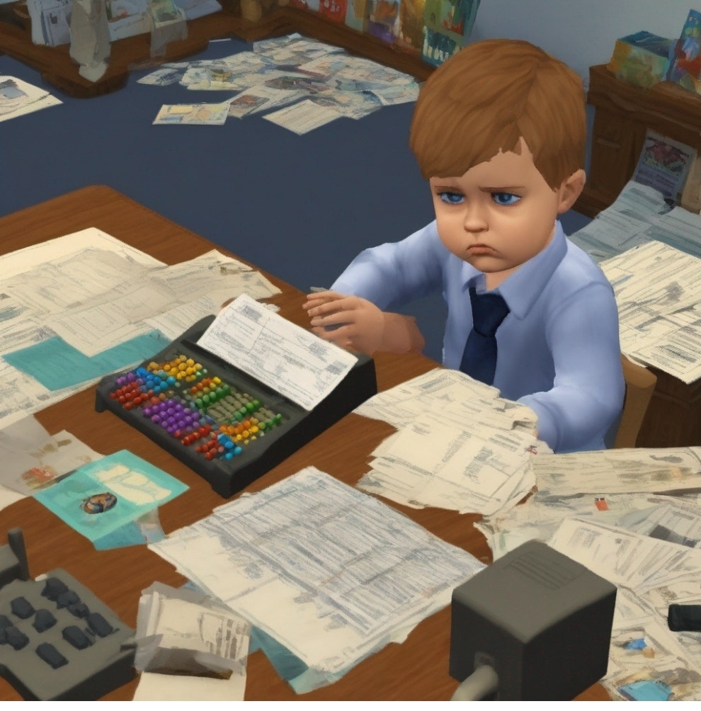 An animated baby in a suit at a messy desk with papers and an abacus, depicting a comical office scene