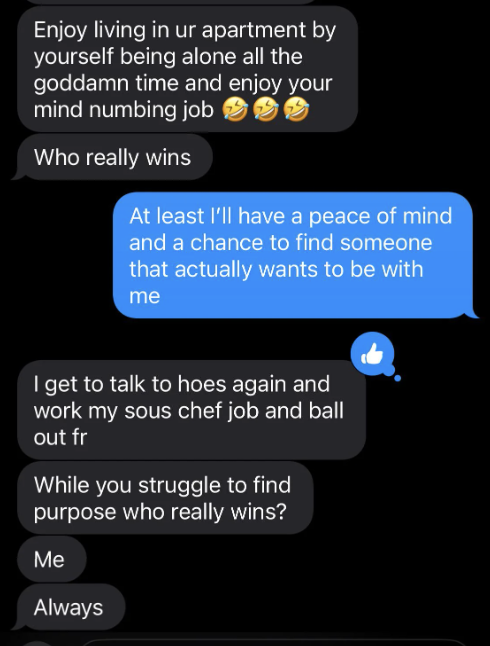 He tells her &quot;good luck&quot; being lonely in her apartment, and when she says at least she&#x27;ll have peace of mind, he says he gets to talk to hoes again