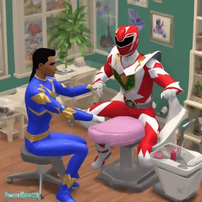 Two Power Rangers characters, one in red and one in blue, are depicted in a playful interaction inside a room