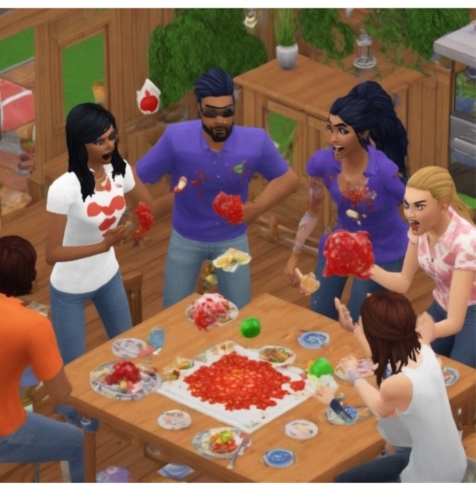 Four Sims characters having a chaotic food fight at a dining table