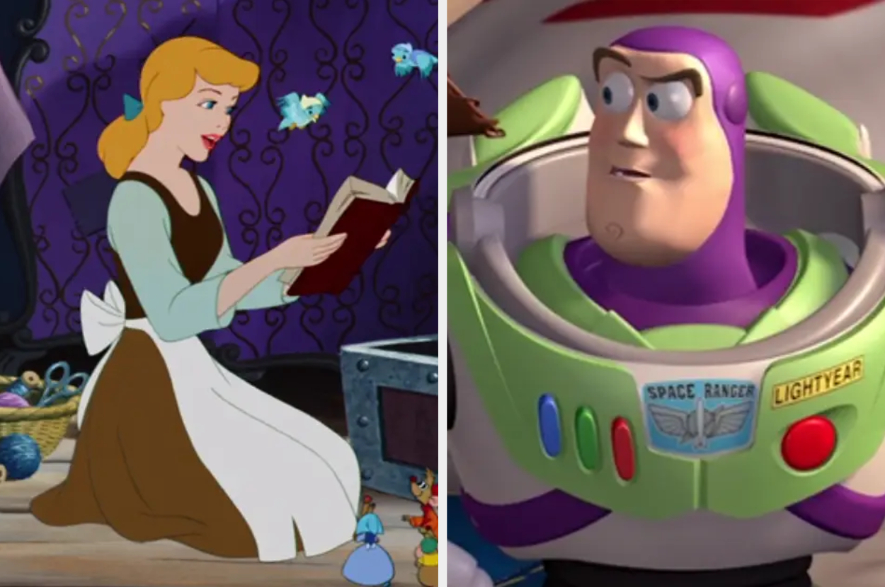 Cinderella reading to birds; Buzz Lightyear in a confident pose