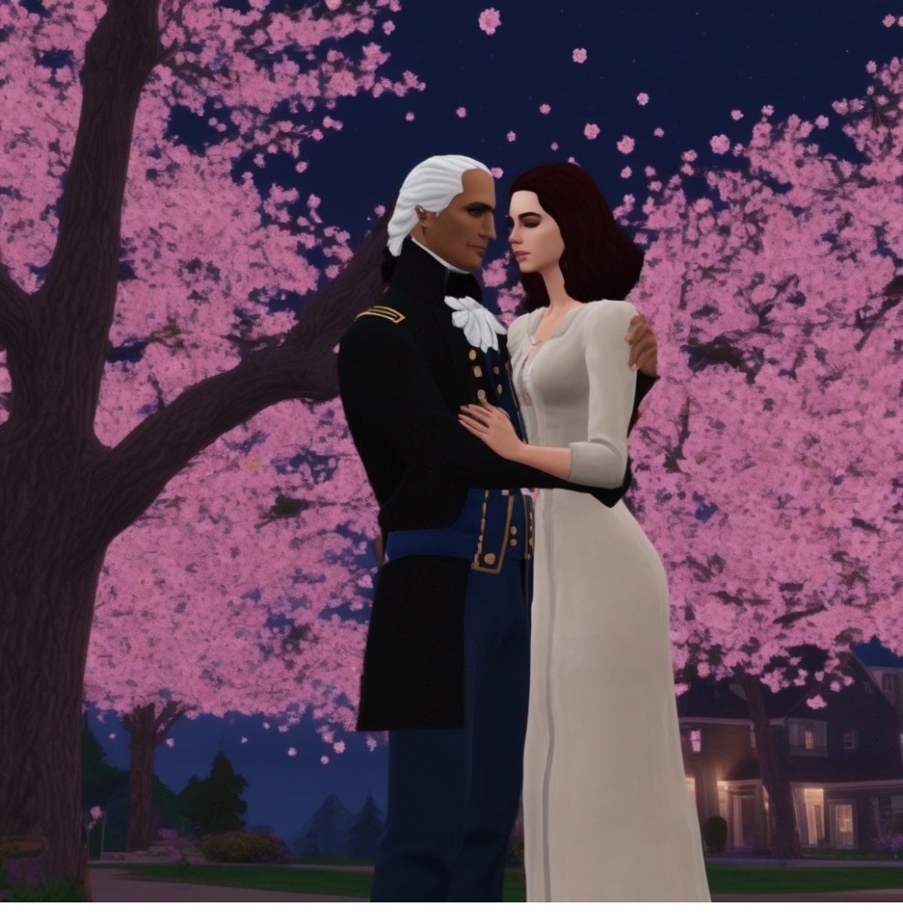 Two characters from The Sims game embrace under a cherry blossom tree