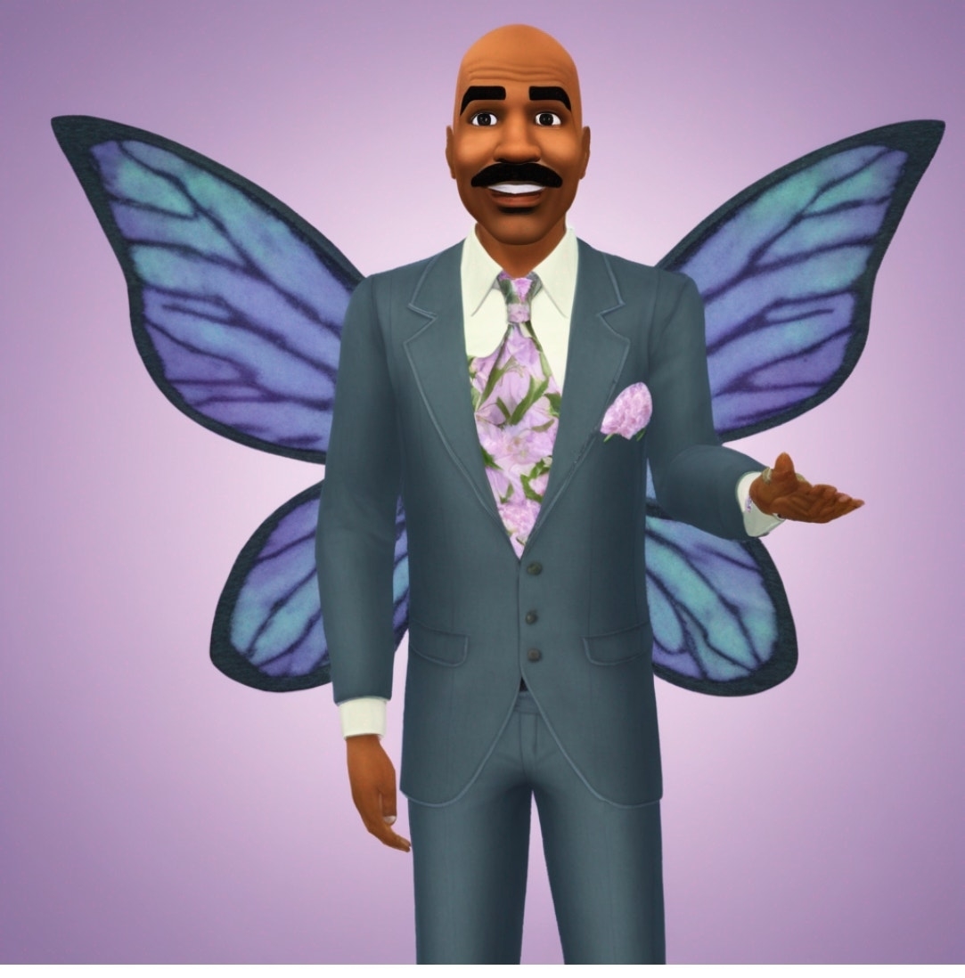 Illustration of Steve Harvey as a fairy with butterfly wings, in a suit, against a plain backdrop