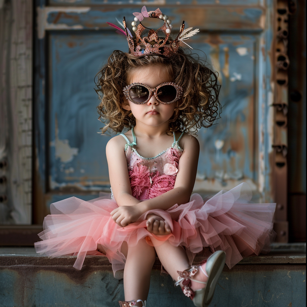 Child in a whimsical pink dress with a crown and sunglasses, sitting pensively