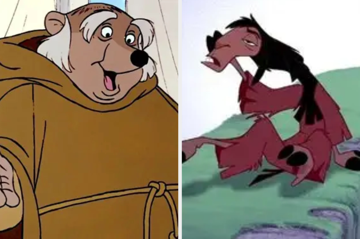 Friar Tuck and Kuzco from animated films, one dressed as a monk, the other in Incan emperor&#x27;s attire