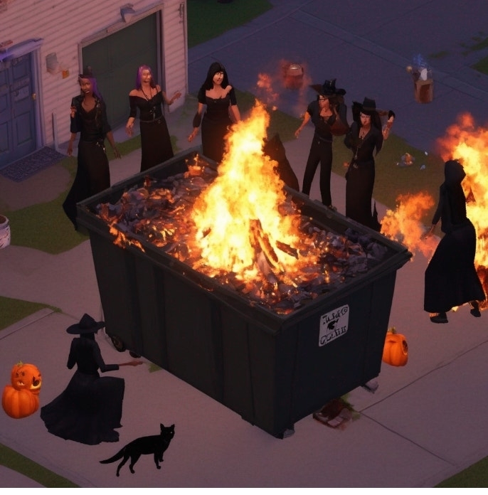Group of animated characters in witch costumes around a large dumpster fire, with pumpkins and a black cat nearby