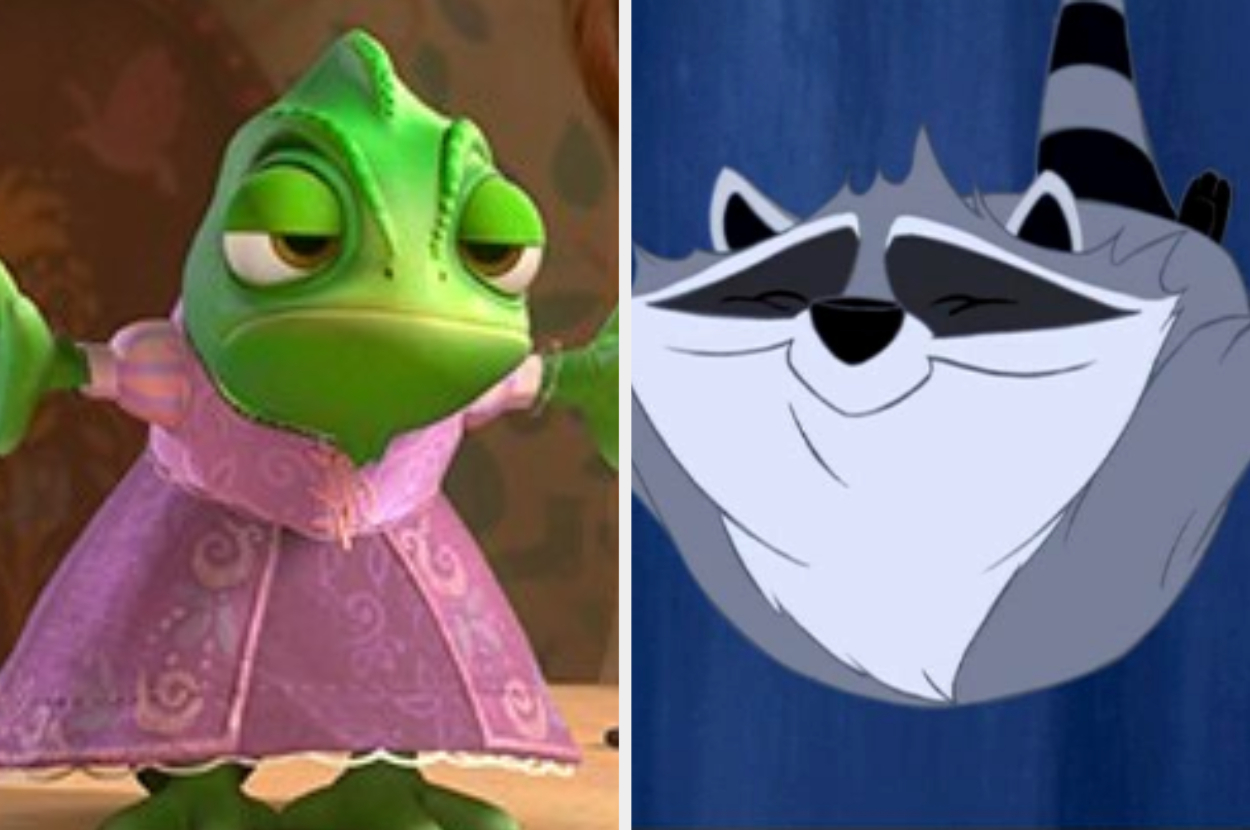 Animated characters: a frog in a purple dress (left), and a raccoon (right), likely from a film