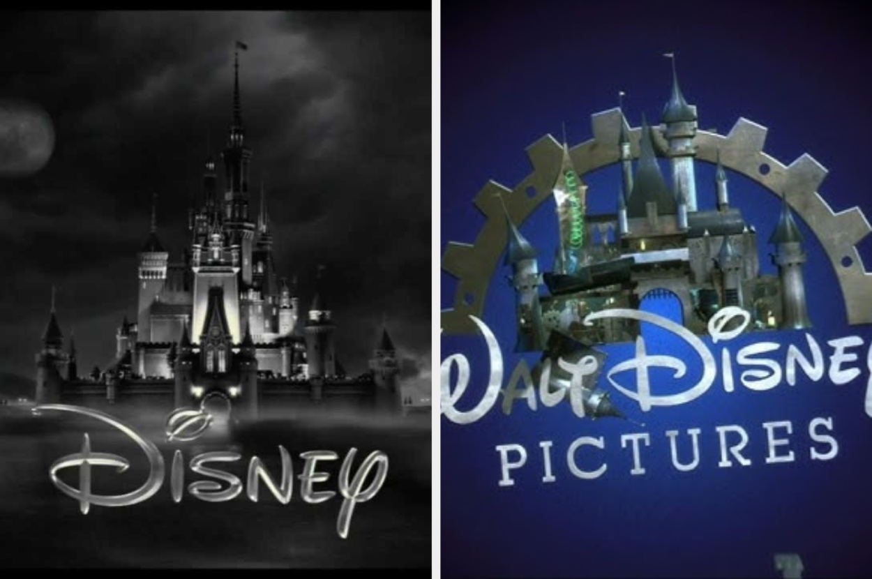 Comparison of two Walt Disney Pictures logos: left is classic castle with &quot;Disney&quot; below, right is stylized castle with logo above