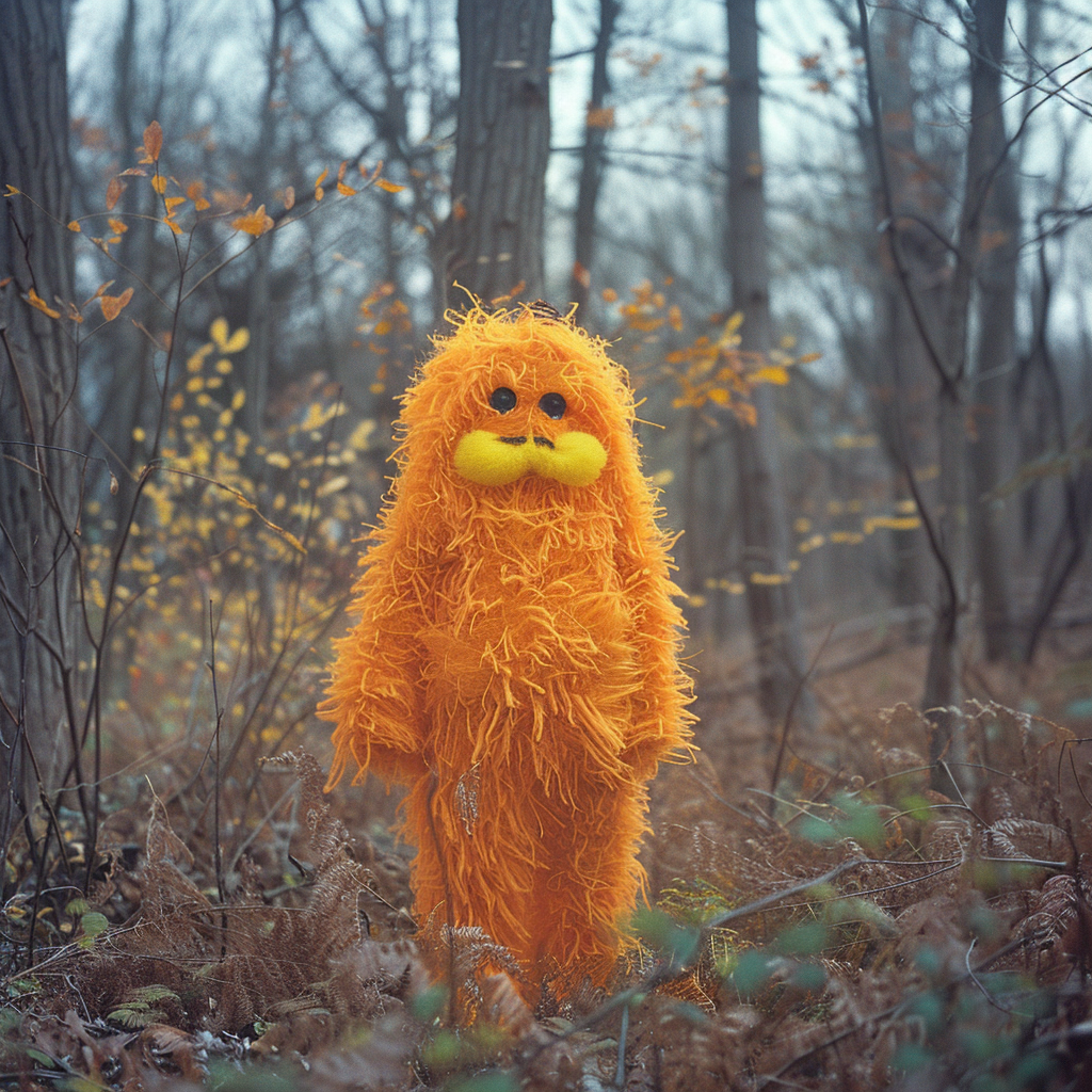 A person in a full-body, fluffy orange costume stands amidst a woodland area
