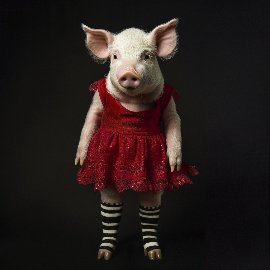 Pig standing upright, wearing a red dress and striped socks, looking at the camera
