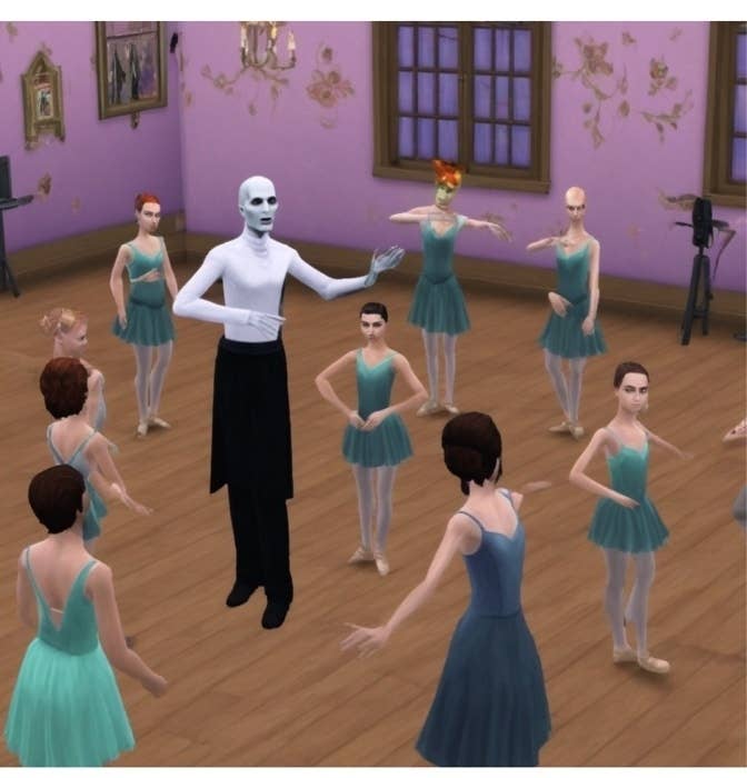 Animated characters resembling humans and one resembling Slender Man in ballet outfits in a dance studio
