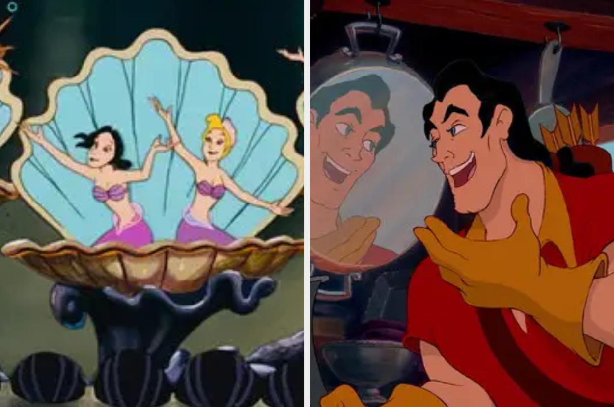 Two scenes from Disney films: one showing mermaids in &quot;Peter Pan,&quot; the other Gaston from &quot;Beauty and the Beast.&quot;