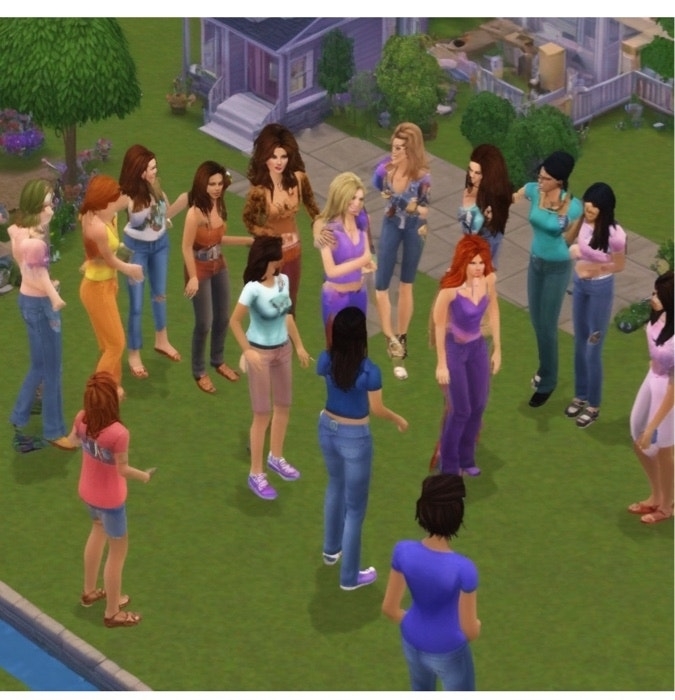Group of Sims characters from The Sims video game gathering outside virtual houses