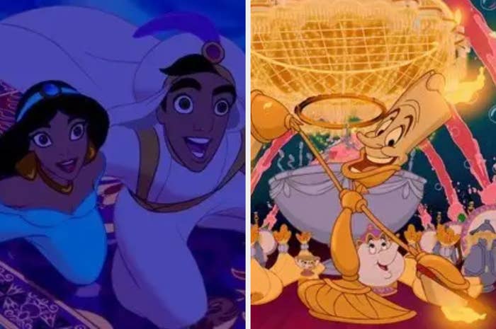 Aladdin and Jasmine flying on a carpet; Lumiere and Cogsworth with dancing flatware from &#x27;Beauty and the Beast&#x27;