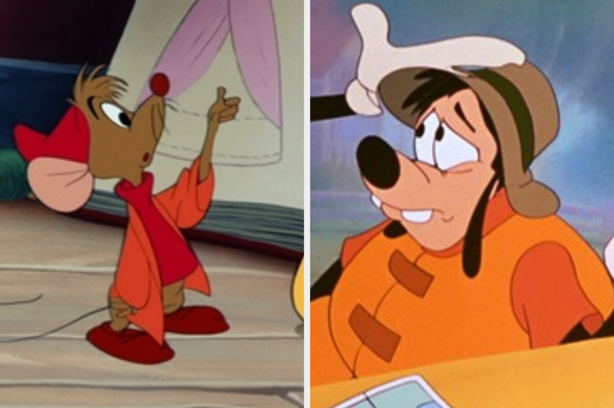 Split image of animated characters Timothy Q. Mouse from Dumbo and Goofy in casual attire
