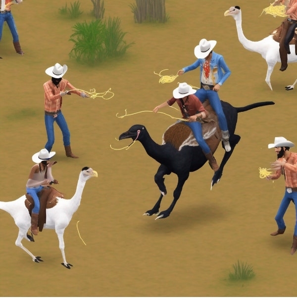 Cowboys riding ostriches in a video game, with one lassoing, in a humorous internet find