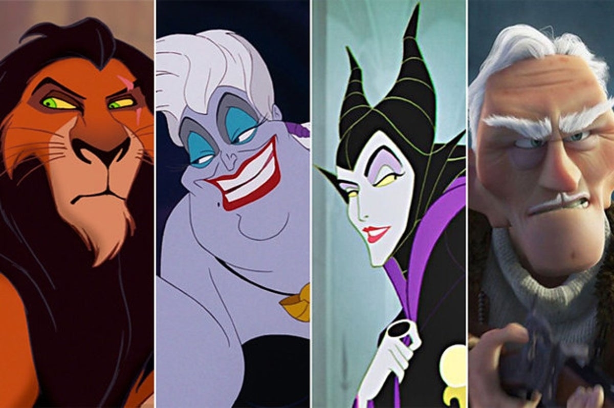 Collage of animated villains: Scar, Ursula, Maleficent, and Hans