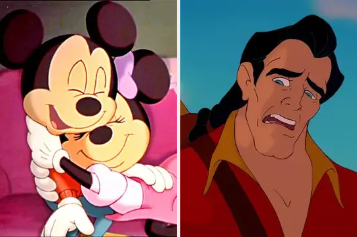 Minnie Mouse and Gaston from Disney movies, Minnie laughing, Gaston looking concerned