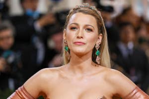 Blake Lively with jeweled headband and off-shoulder gown at event