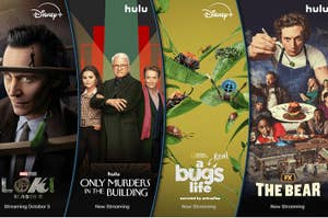 Promotional poster with logos for Disney+, Hulu, titles for "Loki," "Only Murders in the Building," "A Bug's Life," and "The Bear" with respective show imagery