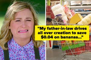 Woman appearing frustrated with text on saving money by driving for cheaper groceries