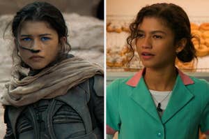 Side-by-side images of Kassandra, a character from Assassin's Creed, and Zendaya wearing a teal and pink outfit