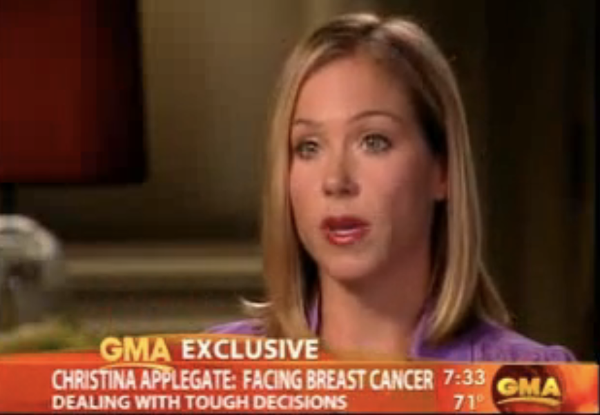Christina Applegate in a TV interview wearing a purple top, text overlay with topic and timestamps