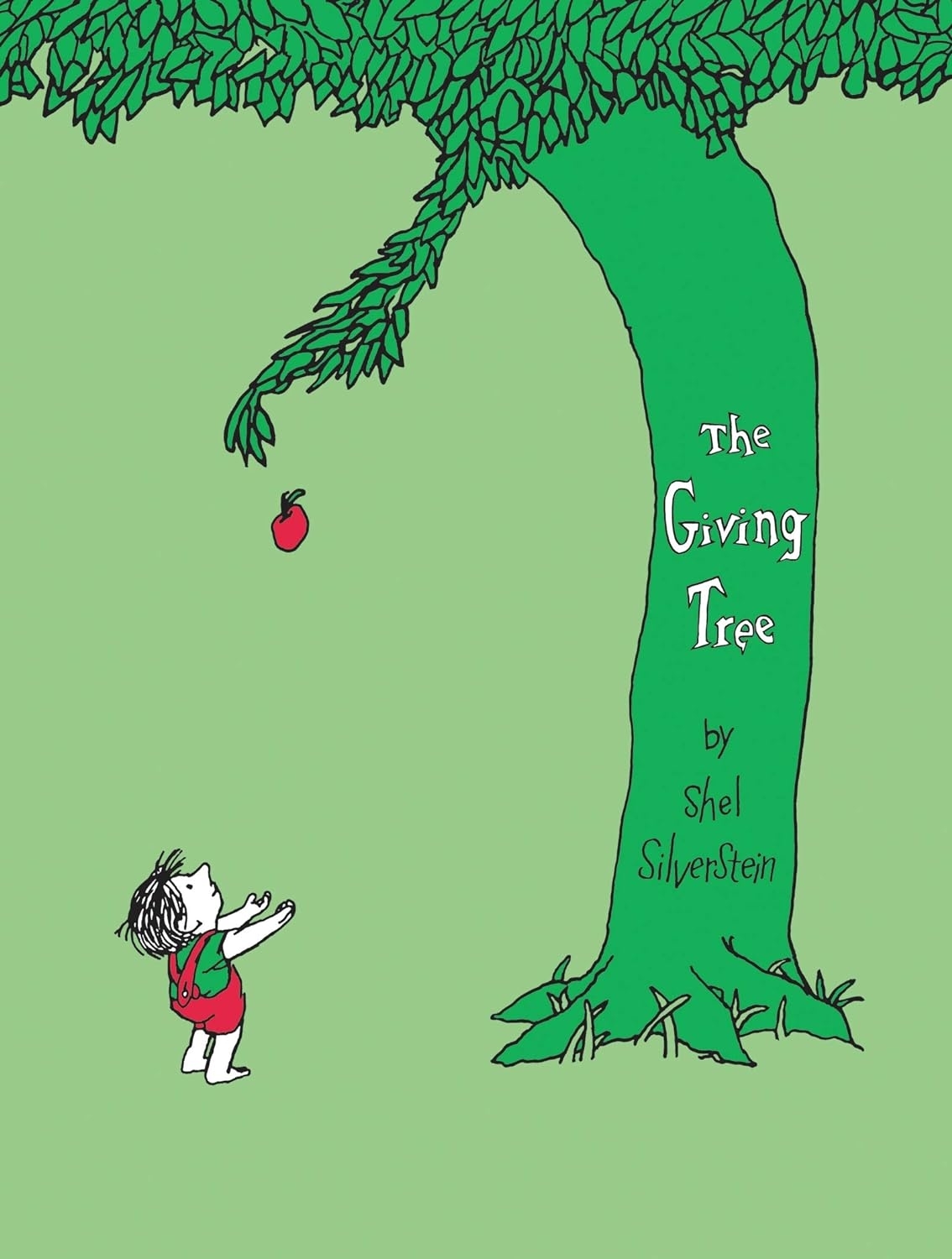 Cover of &quot;The Giving Tree&quot; by Shel Silverstein, showing a child reaching for an apple on a tree