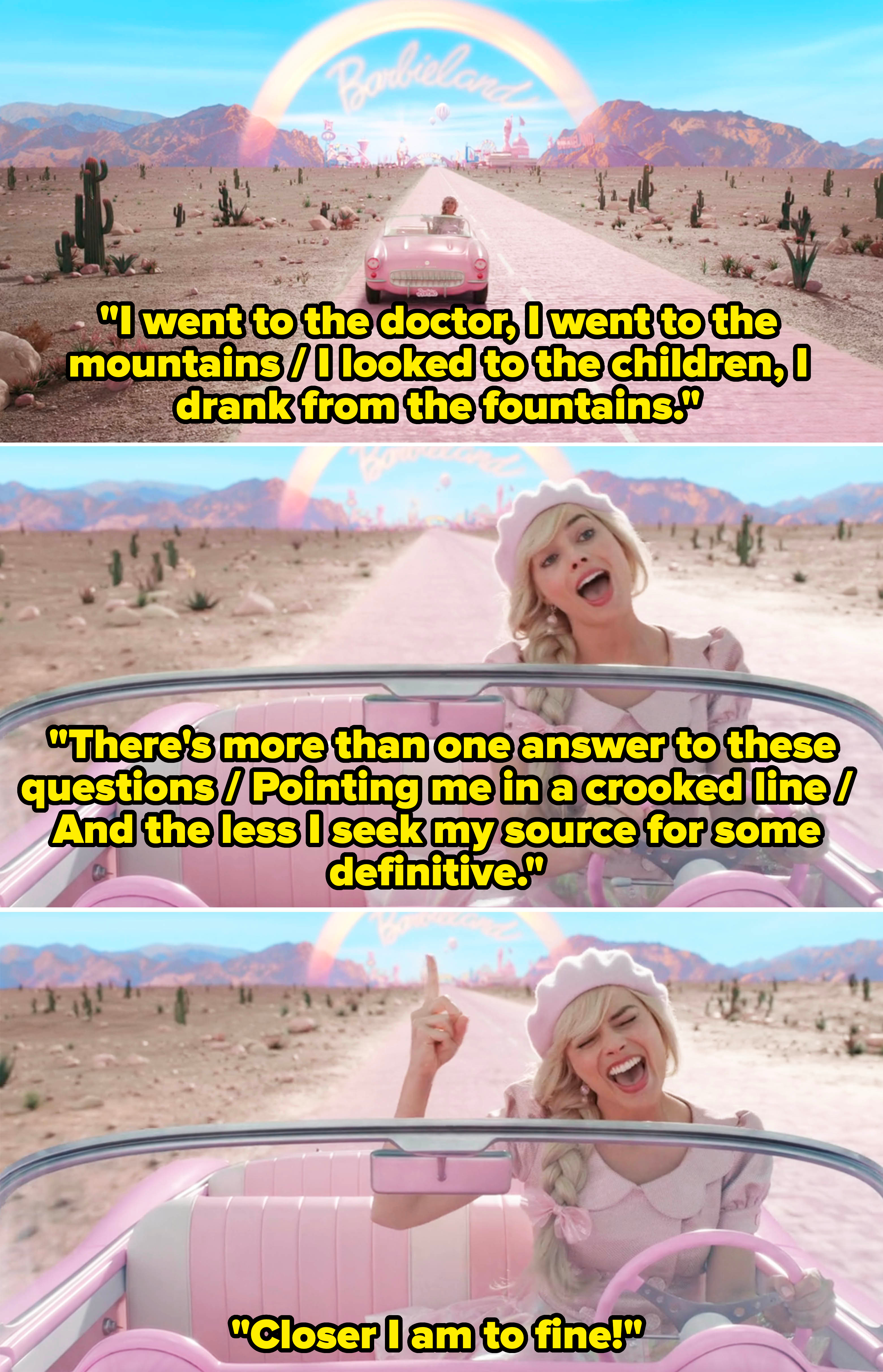 Margot Robbie as Barbie singing in her pink convertible