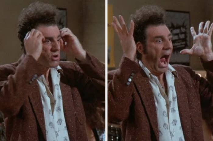 Kramer from Seinfeld with animated expressions, wearing a jacket and patterned shirt