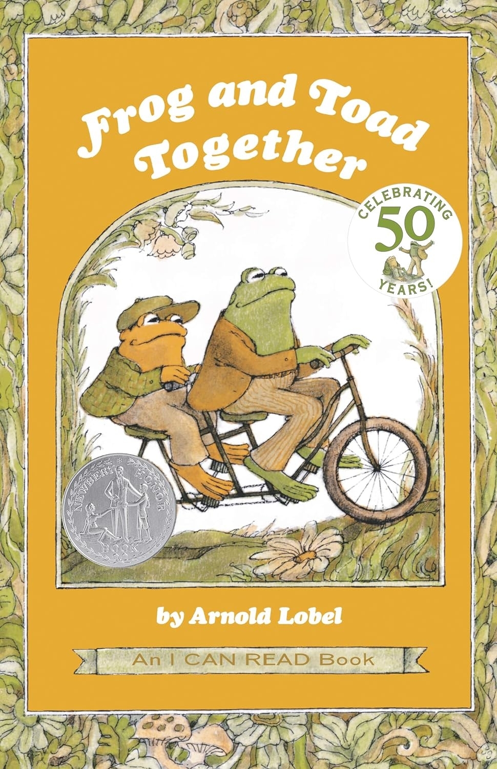 Cover of &quot;Frog and Toad Together&quot; book, showing the characters Frog and Toad on a bicycle, celebrating 50 years