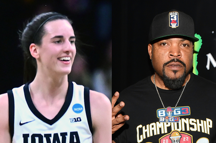 Split image of a female basketball player on the left and a male wearing a Big3 Championship cap on the right