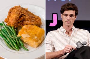 On the left, a fried chicken dinner plate, and on the right, Jacob Elordi with a J typed next to his face